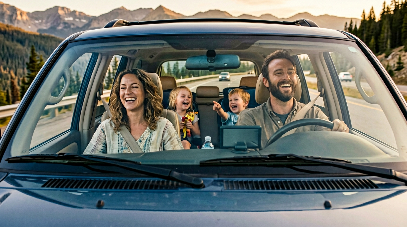 Happy family driving SUV on mountain highway — used trucks and SUVs Bristol TN Fast Track Automotive