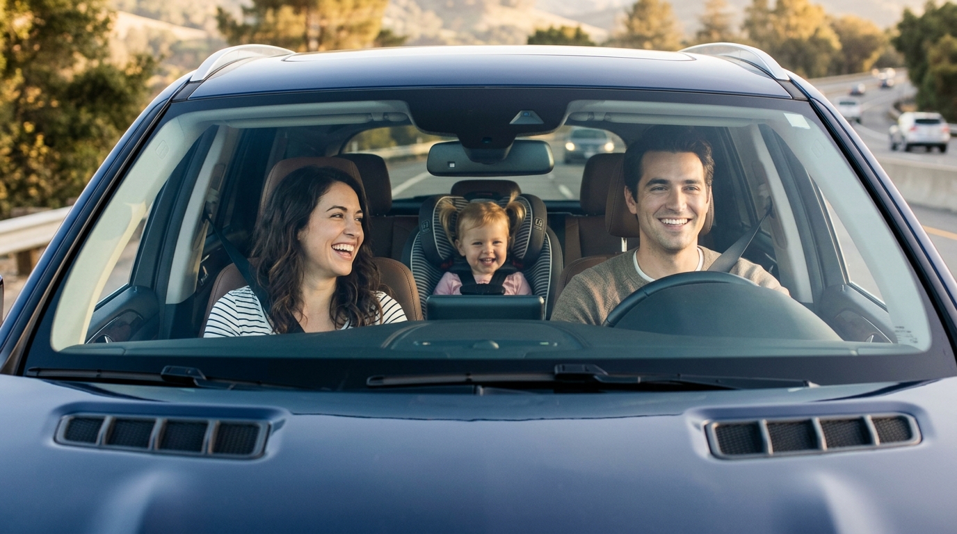 Happy young family with smiling daughter in child safety car seat and parents in front seats seen through windshield of modern blue SUV — Fast Track Automotive Bristol TN used cars September 2026
