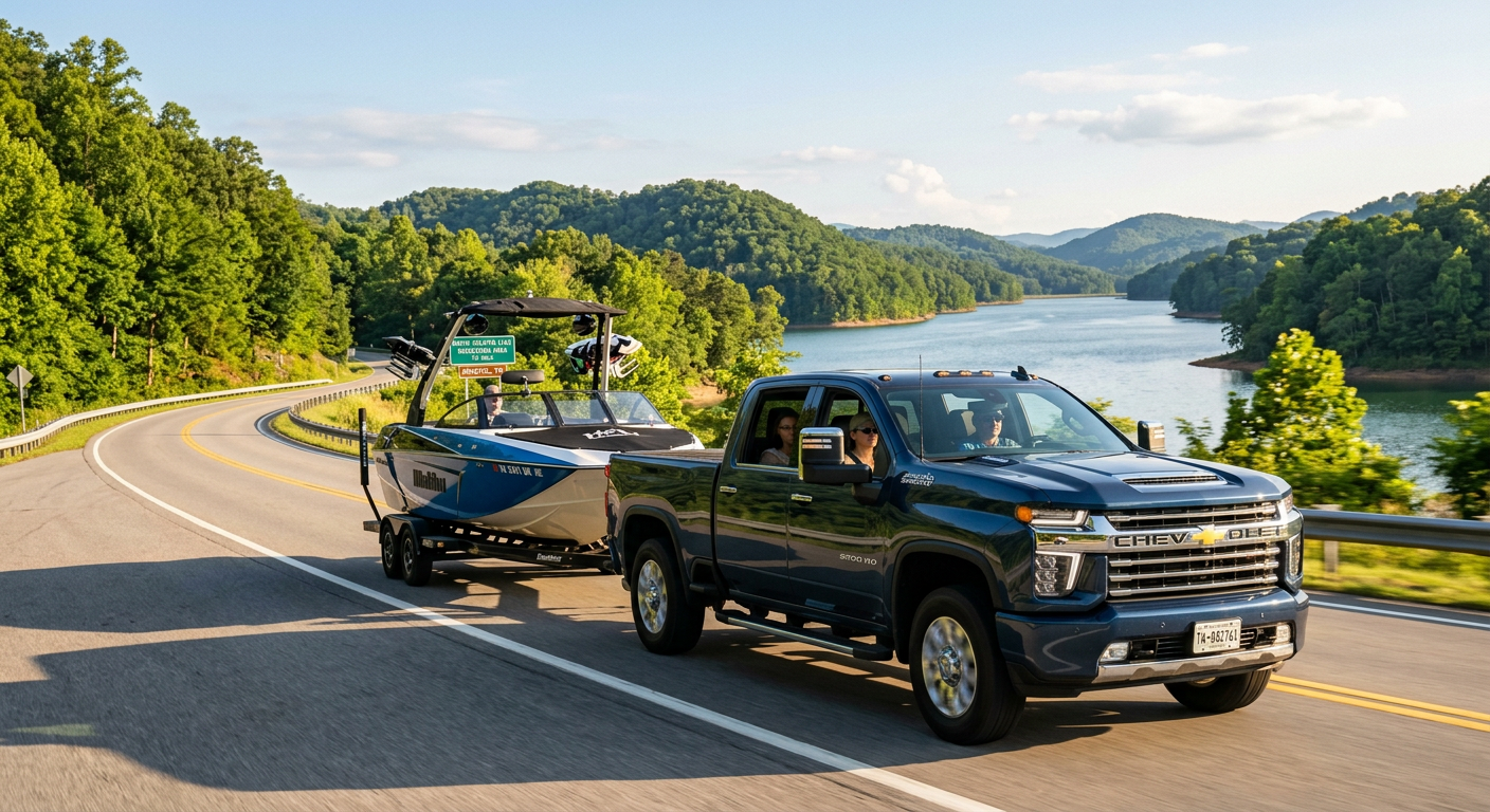 Chevy truck towing boat on mountain highway — summer road trip vehicles Bristol TN
